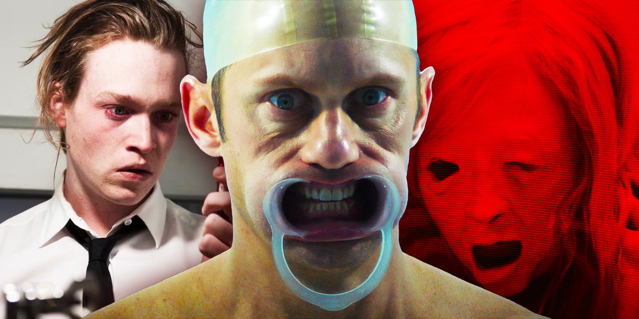 Caleb Landry Jones in Antiviral, Alexander Skarsgård in Infinity Pool, and the poster of Possesor