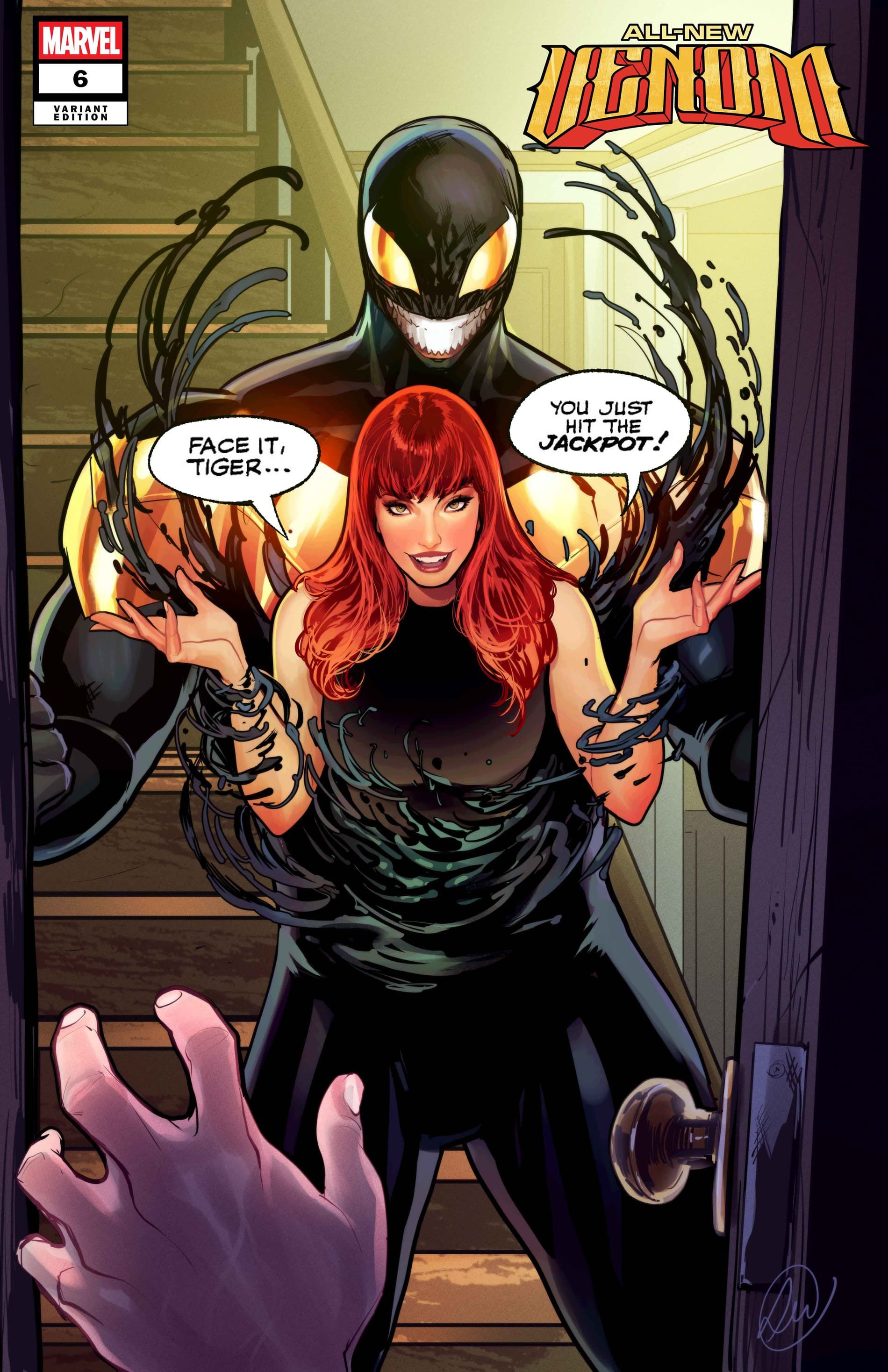 Venom opens the front door as Mary Jane Watson bursts from his chest.