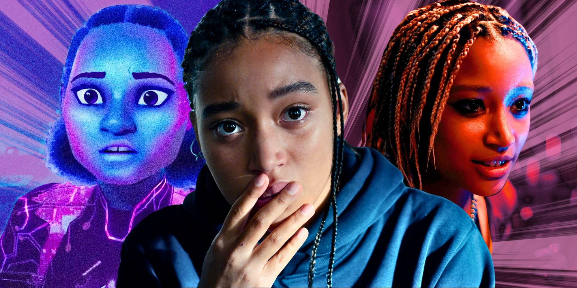 blended image of Amandla Stenberg in Bodies Bodies Bodies, Spider-Man: Across The Spider-Verse, and The Hate U Give