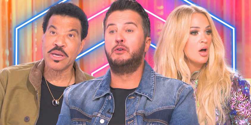 american idol judges lionel richie luke bryan and carrie underwood looking serious with pastel background