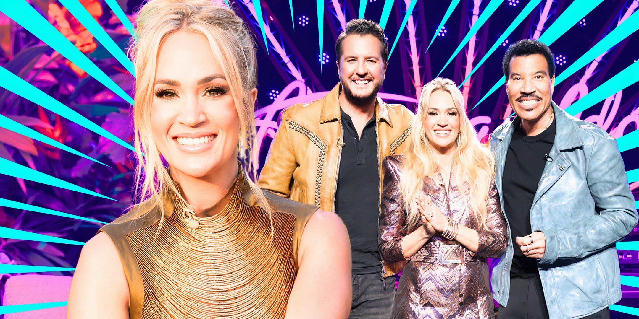 american idol star carrie underwood in a montage wearing gold collar with judges in background