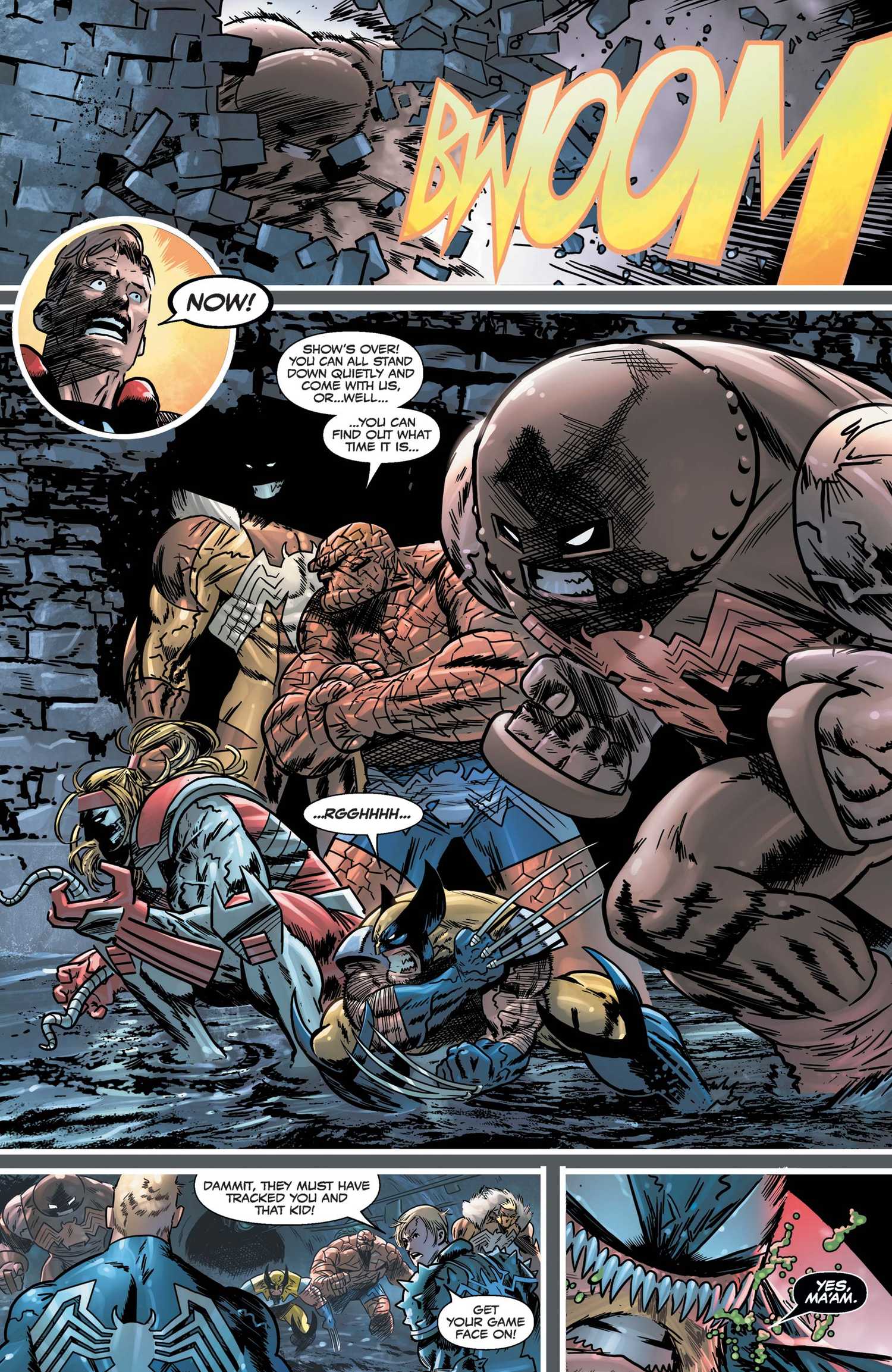 An evil Venomized team consisting of Wolverine, Juggernaut, Sabretooth, The Thing and Omega Red attack in Venom (2018) #28