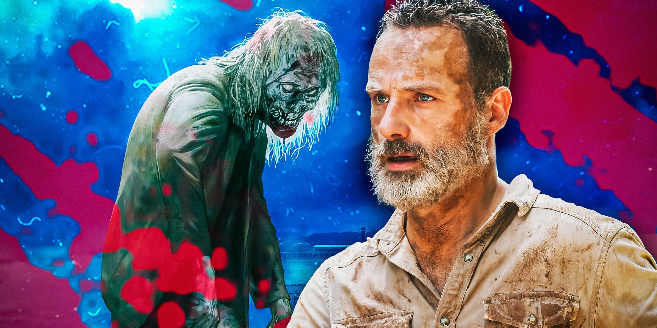 Andrew Lincoln as Rick Grimes next to a zombie with blood around them in The Walking Dead