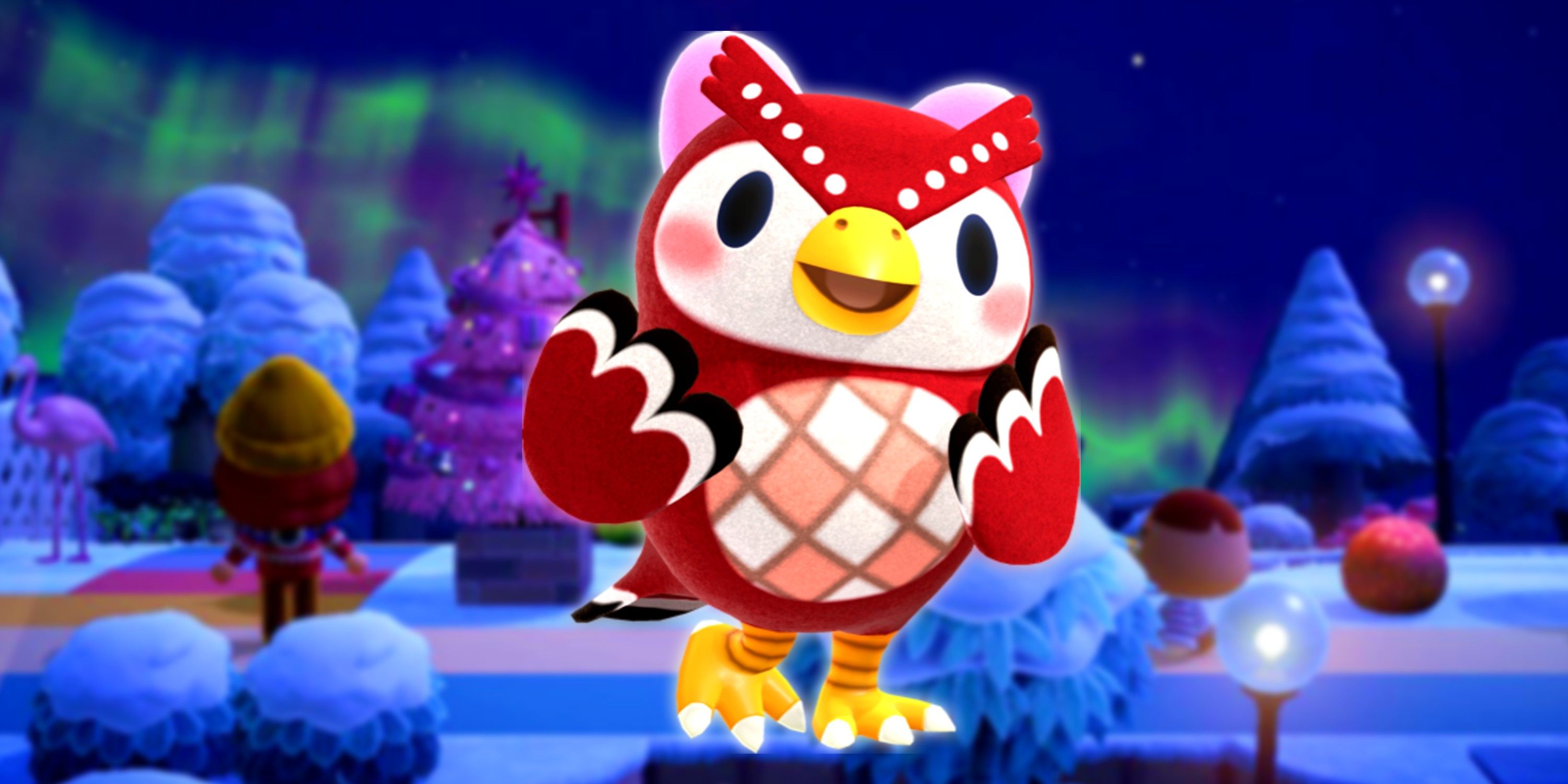 Animal Crossing celeste standing in front of a nighttime scene with the northern lights