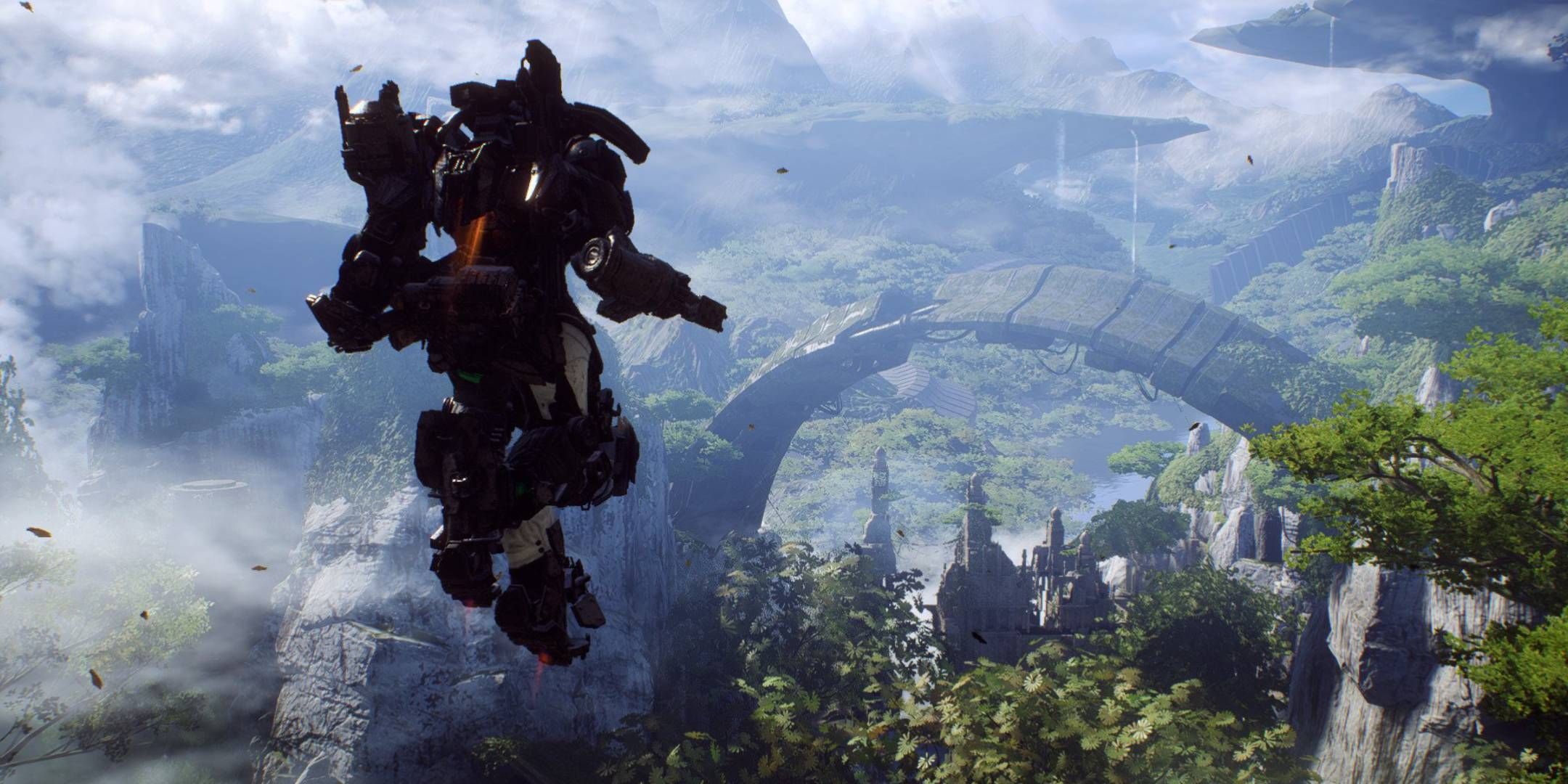 The player floating in a mech suit looking out at a vast world.
