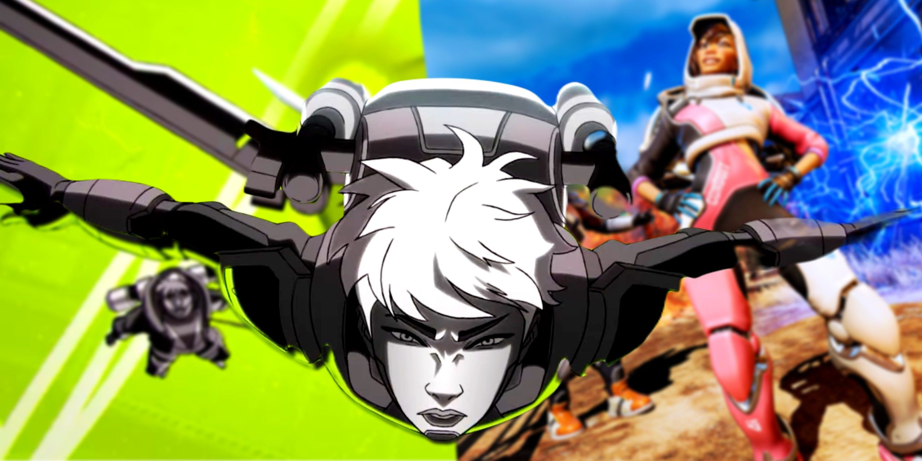 Apex Legends character flying through the air with two other characters behind them