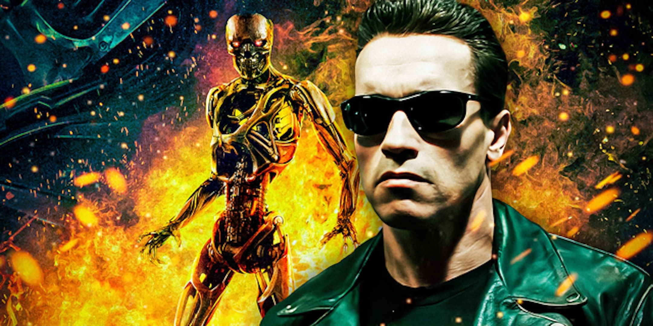 Arnold Schwarzenegger&rsquo;s T-800 beside a Terminator exoskeleton