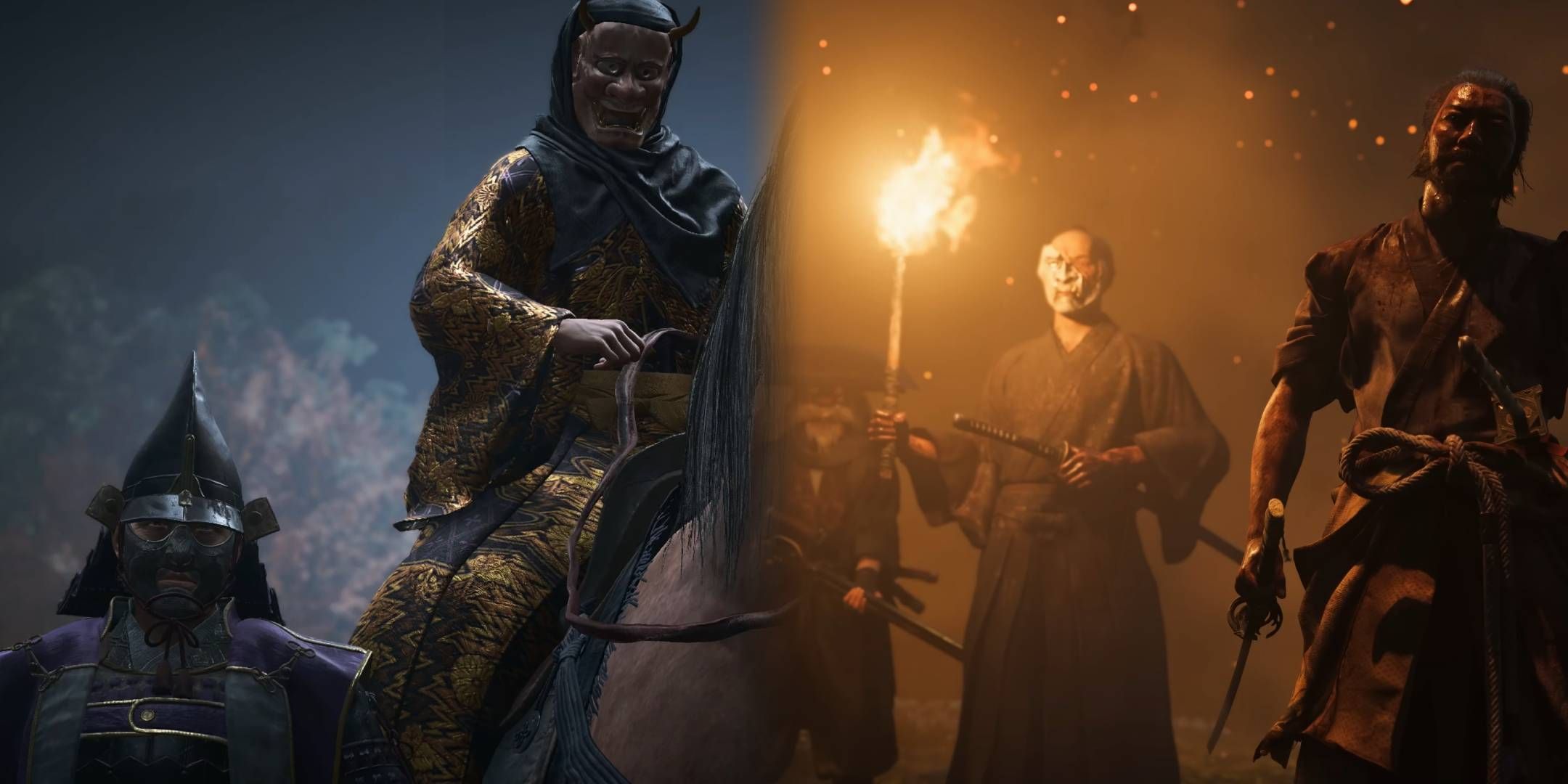 The villains from Assassin's Creed Shadows on the left and the villains from Ghost of Yotei on the right.