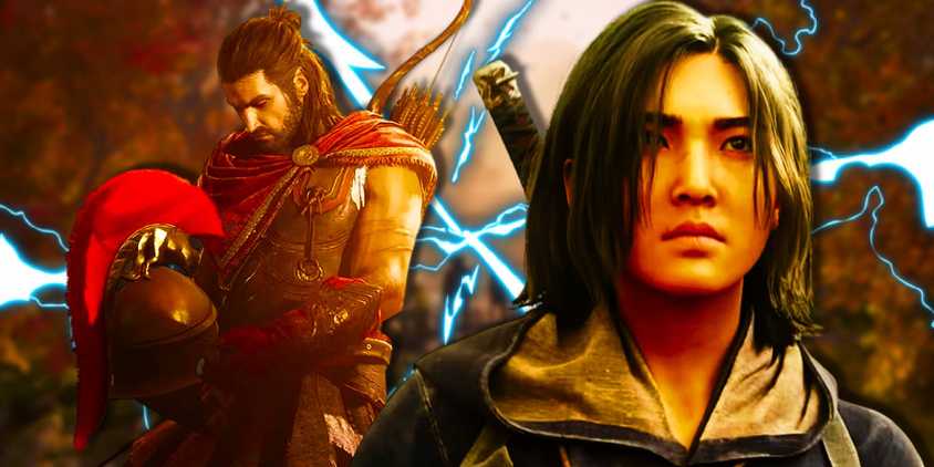 Naoe from Assassin's Creed Shadows standing next to Alexios from Assassin's Creed Odyssey holding a helmet.