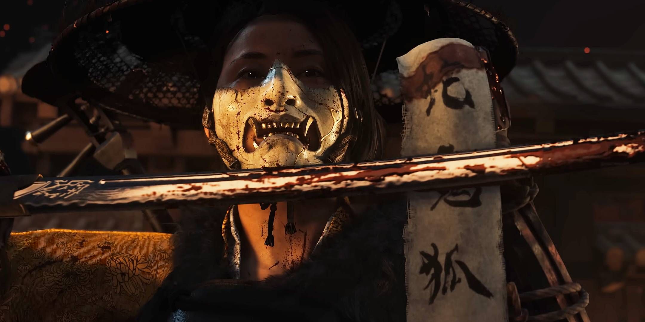 Atsu wiping the blood of her enemy across a scroll in Ghost of Yotei.