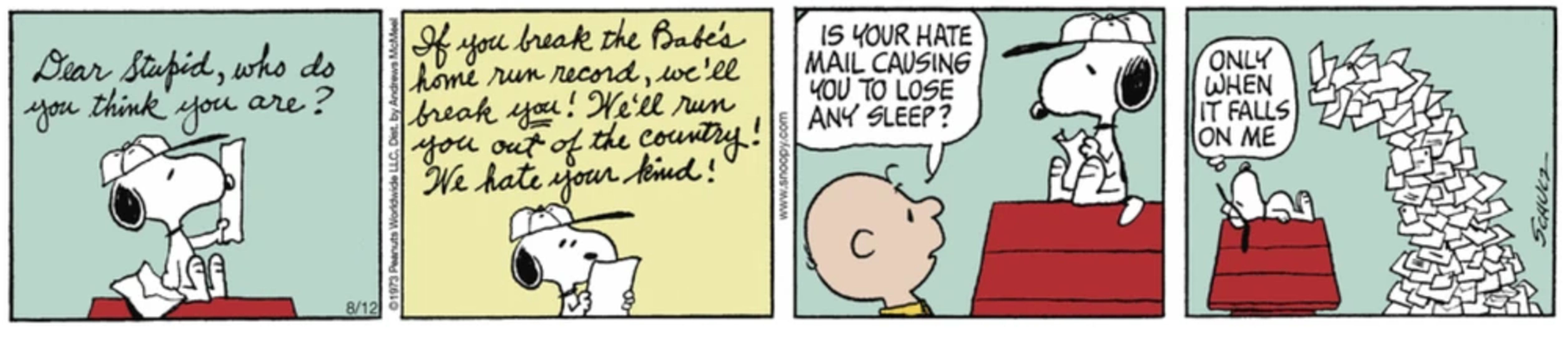 Snoopy having a mountain of hate mail next to his doghouse.