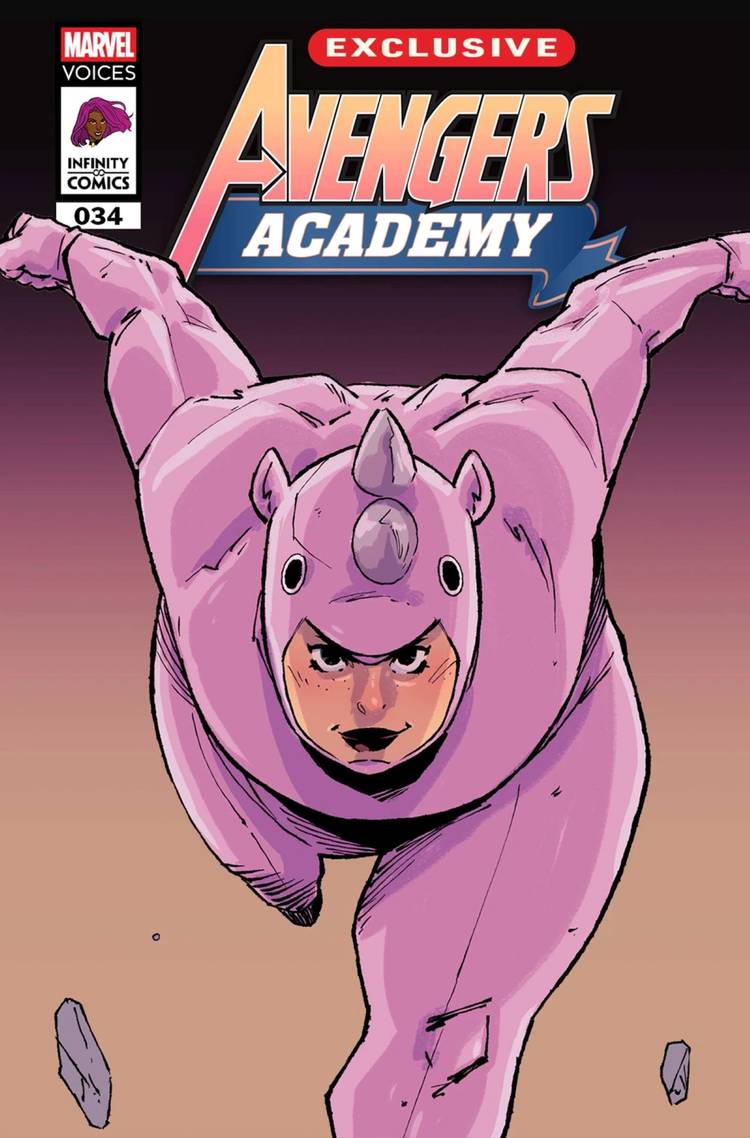 Avengers Academy Marvel's Voices Infinity Comic #34 cover, featuring the Rhinoceros charging at the reader.