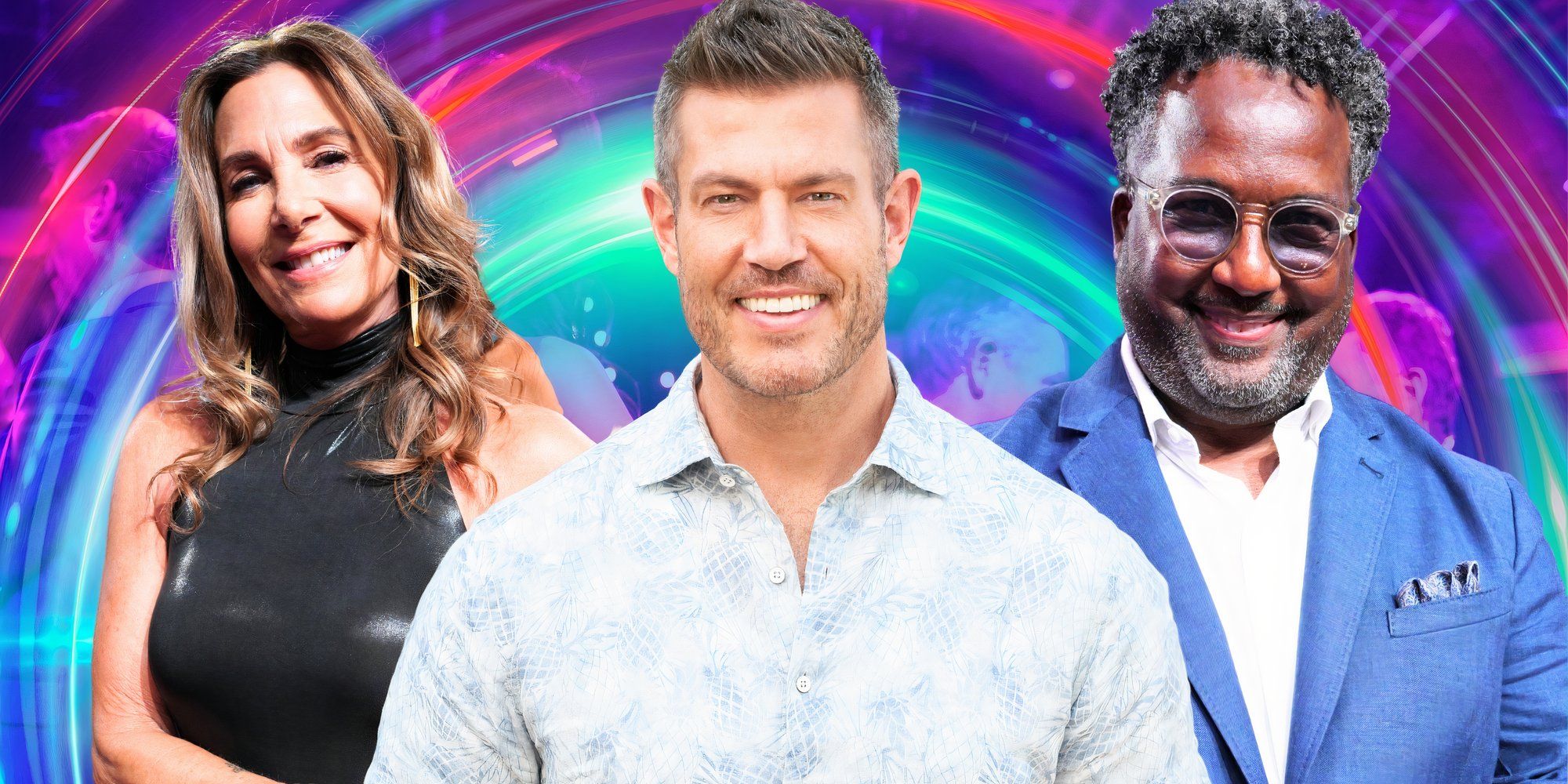 Bachelor in paradise host jesse palmer posing with costars in montage with all smiling and bright background