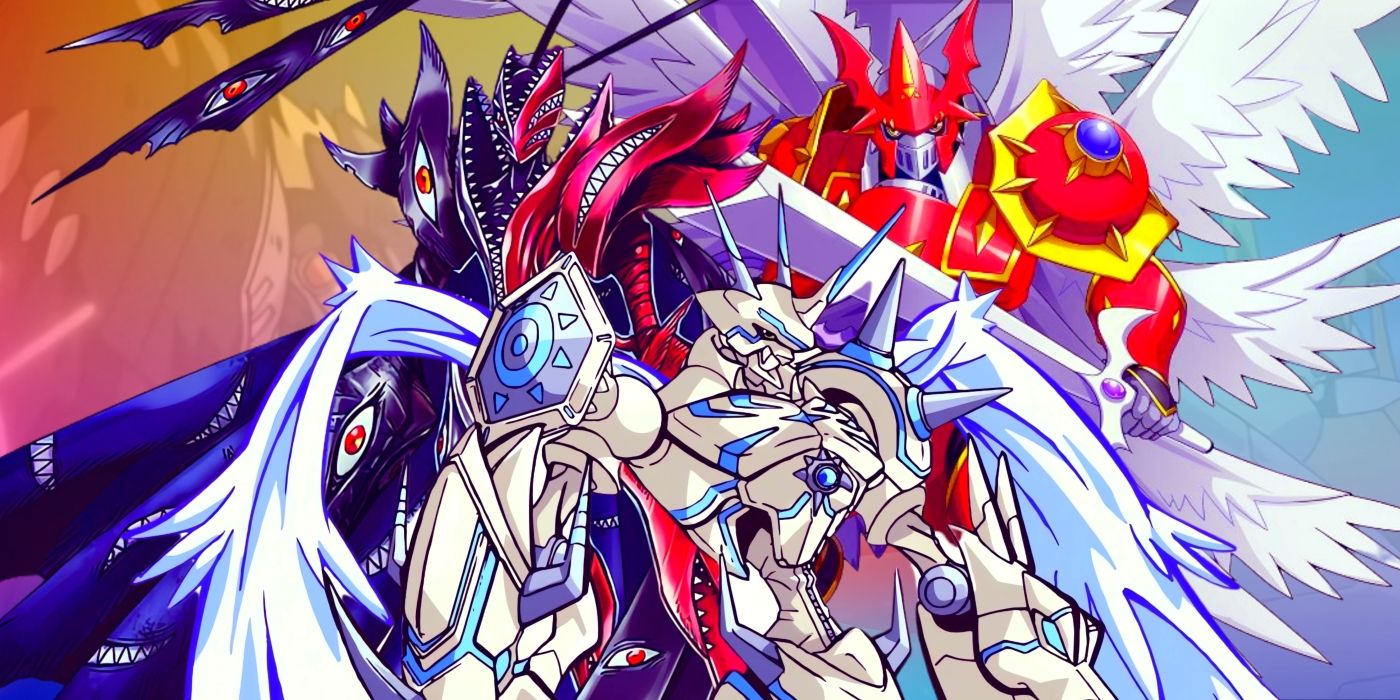 Omnimon Merciful Mode, Gallantmon Crimson Mode, and Abbadomon Core standing in front of images of other Digimon.