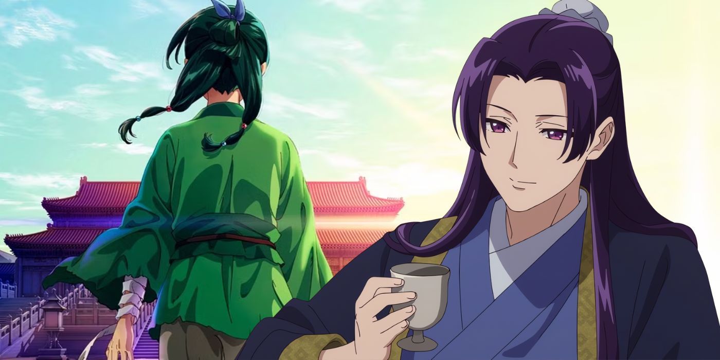 The Apothecary Diaries - Maomao staring at the rear palace with Jinshi in front of her looking at a cup of tea.