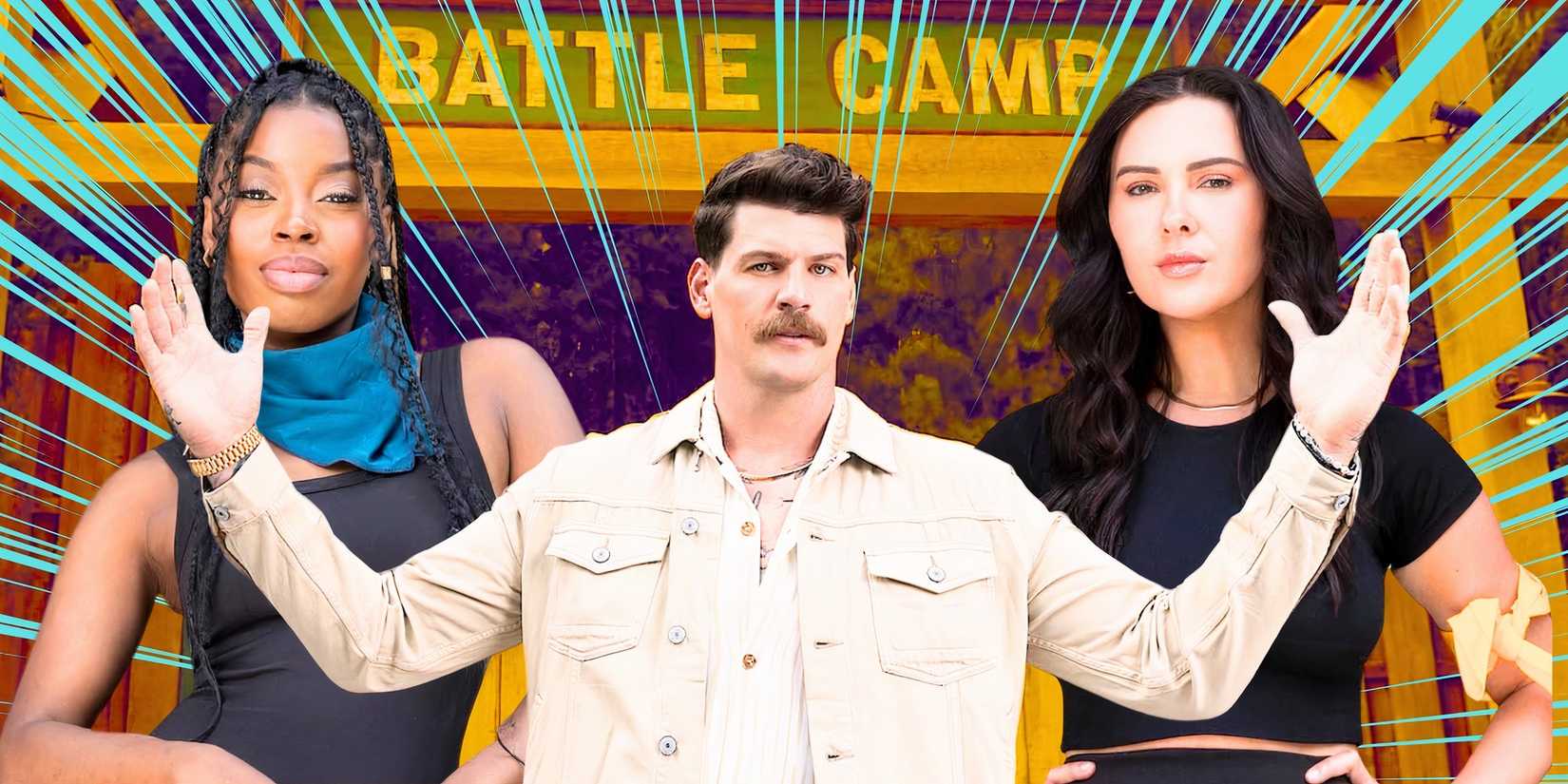 Montage of Battle Camp Season 1 host Taylor Lewan with two cast members, Ouori and Irina, in the background.