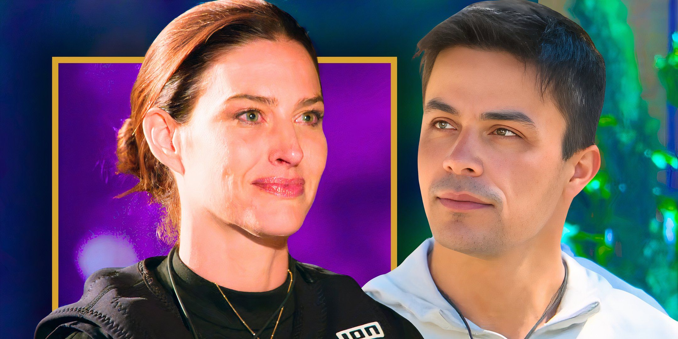 battle camp stars polly and gio in close up montage with both smiling and green and purple background