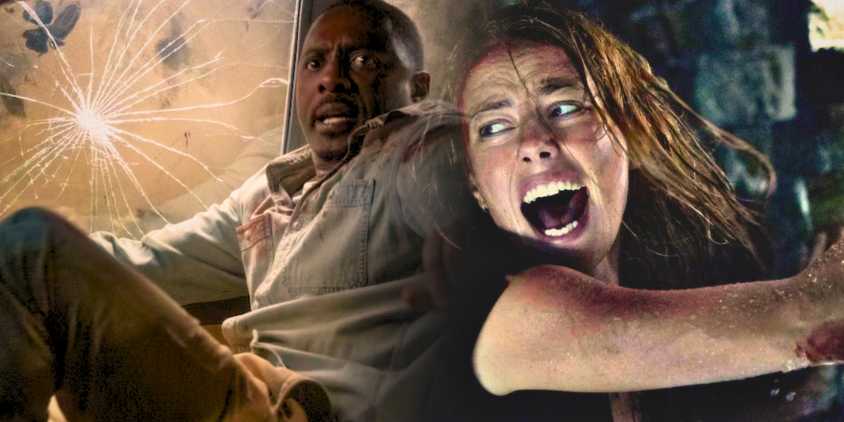 A blended image features a scared Idris Elba in Beast and screaming Kaya Scodelario in Crawl
