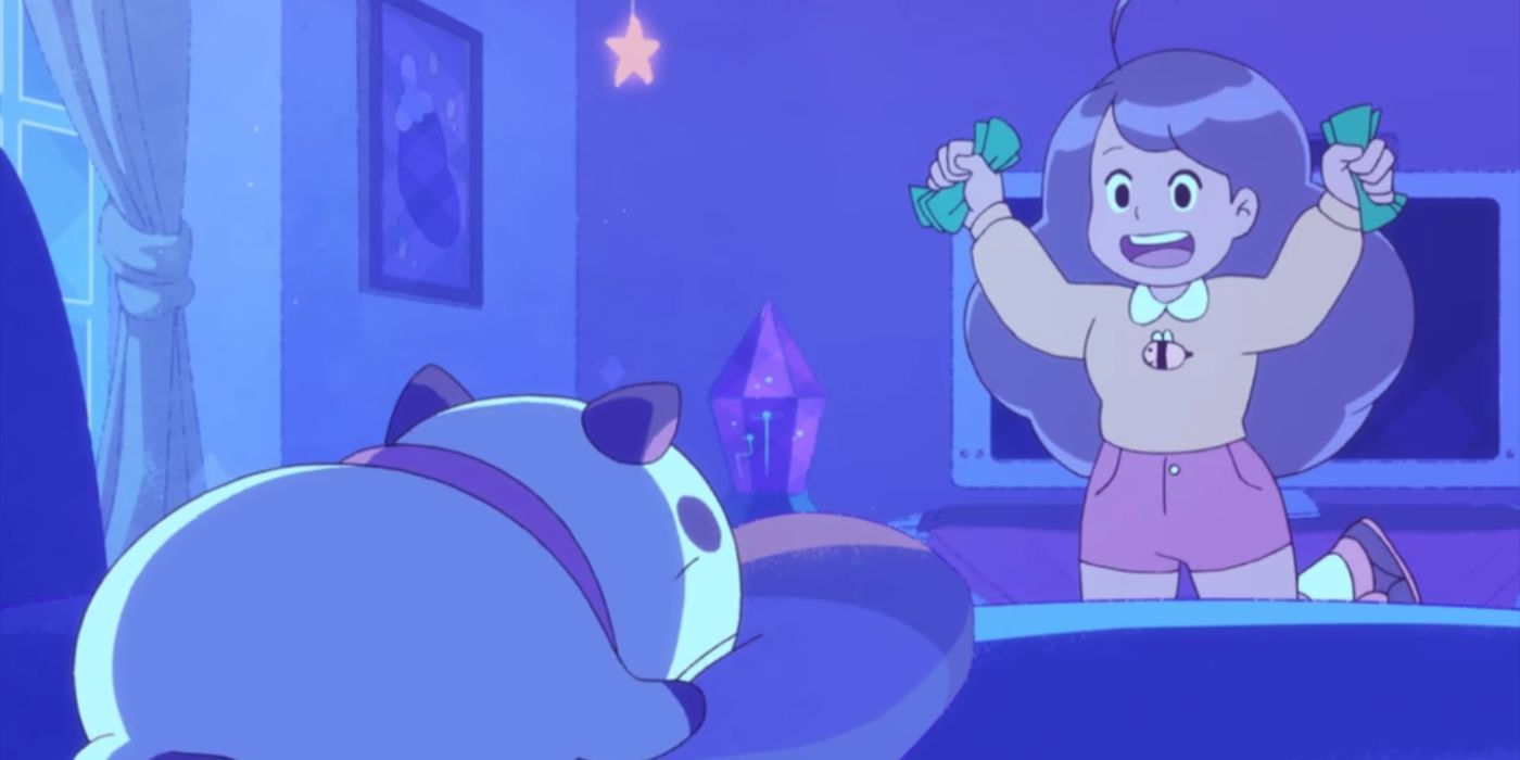 Bee showing PuppyCat handfuls of money in Bee and PuppyCat.