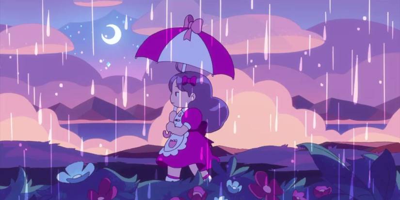 Bee walking throuhg a rainstorm in Bee and PuppyCat.