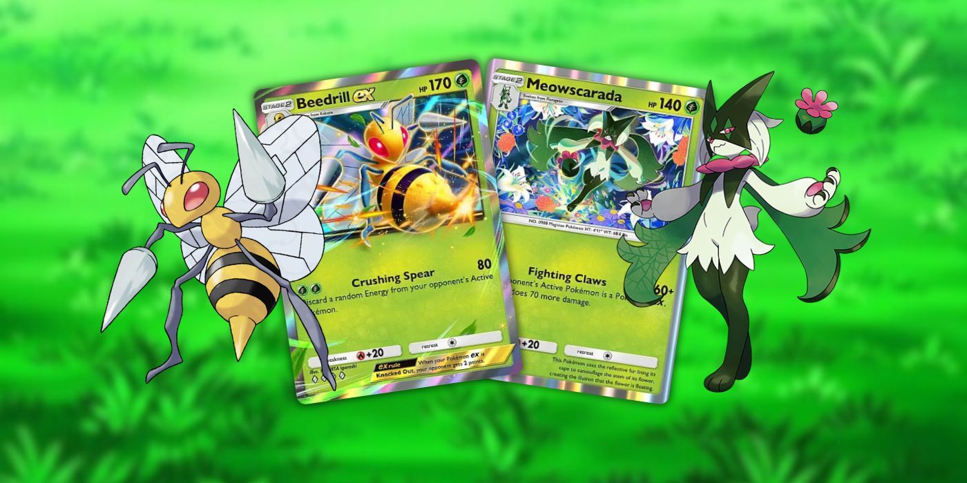 Beedrill ex and Meowscarada from Pokémon TCG Pocket.