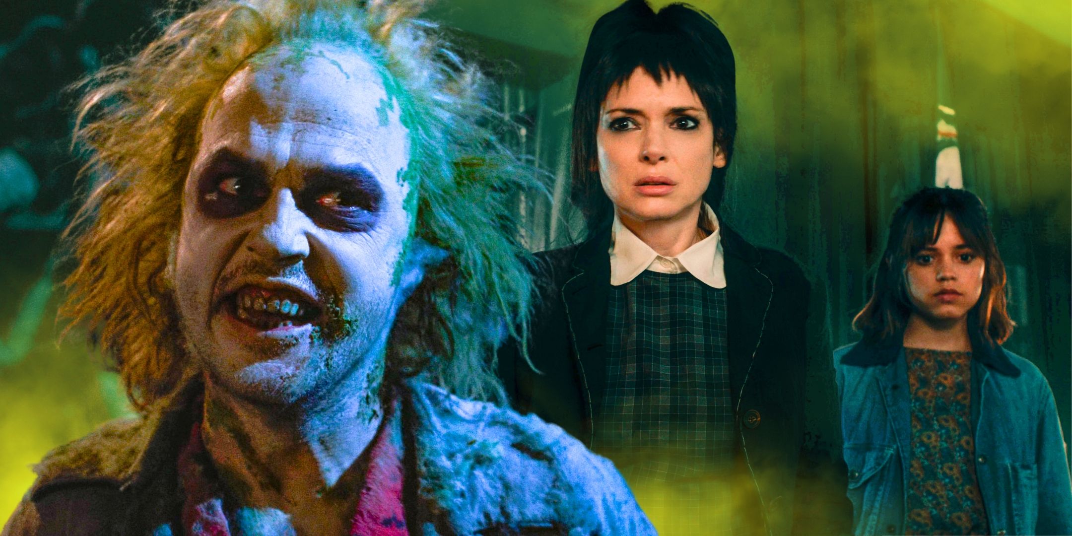 Michael Keaton as Betelgeuse, Winona Ryder as Lydia and Jenna Ortega as Astrid in Beetlejuice