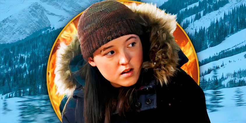 Bella Ramsey as Ellie surrounded by a forest and fire in The Last of Us season 2 custom image