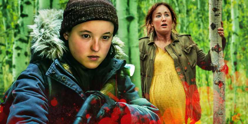 Bella Ramsey as Ellie aiming a gun and Ashley Johnson as Anna holding onto a tree in The Last of Us