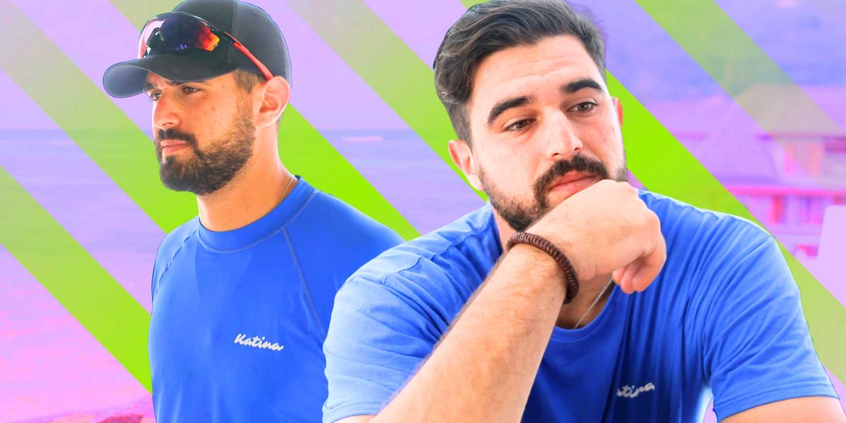 Below Deck Down Under’s Johnny Arvanitis looking serious in front of a purple and green background.