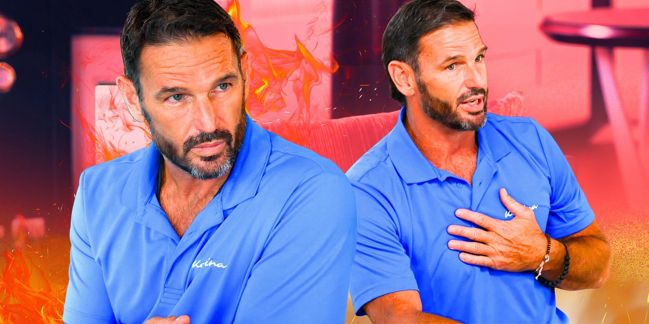 Debajo de la cubierta bajo el capitán de la estrella Jason Chambers en dos poses serias con camisa azul con fondo de coral