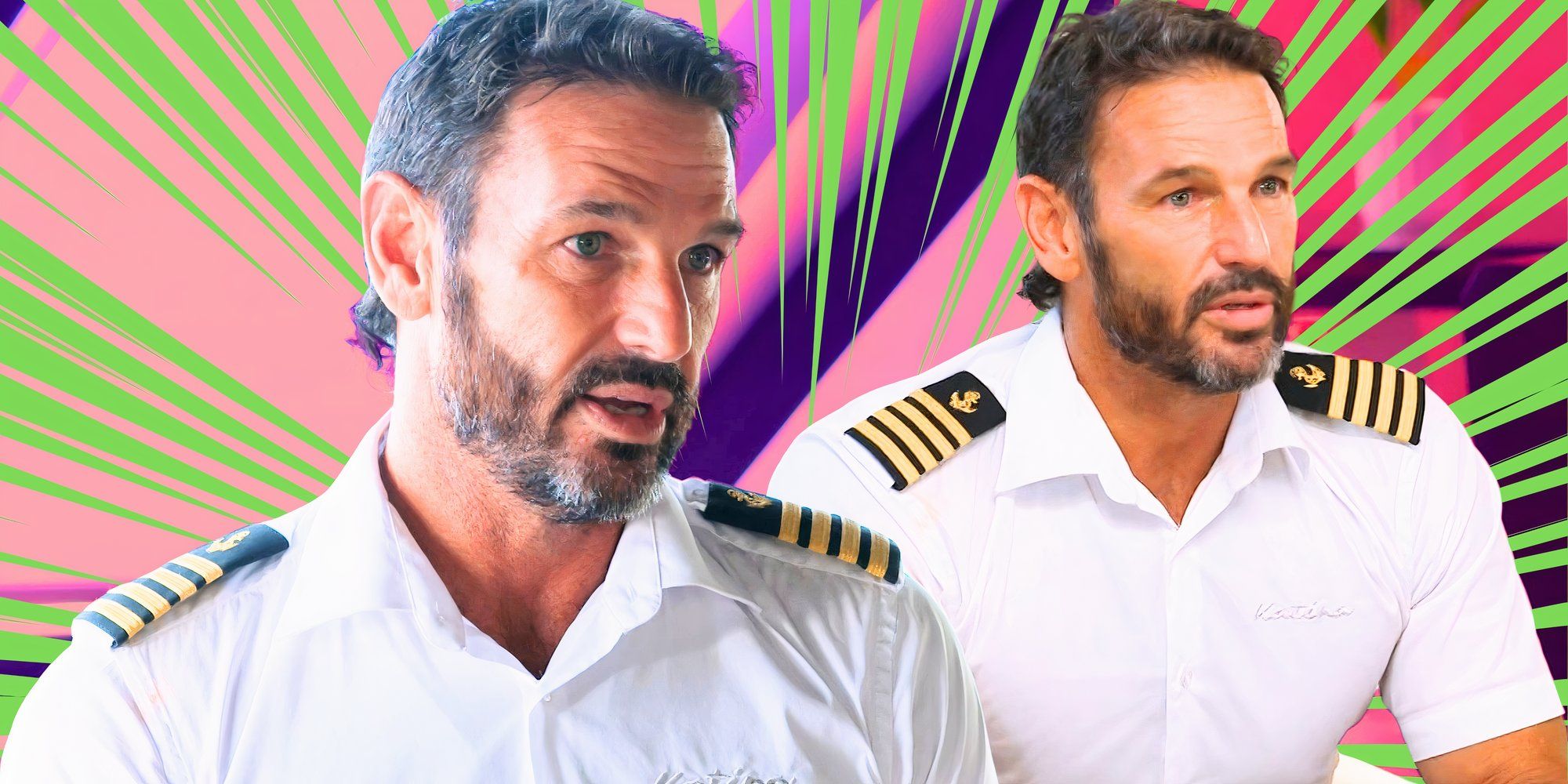 below deck down under star captain jason chambers in two serious poses withh pink and green background