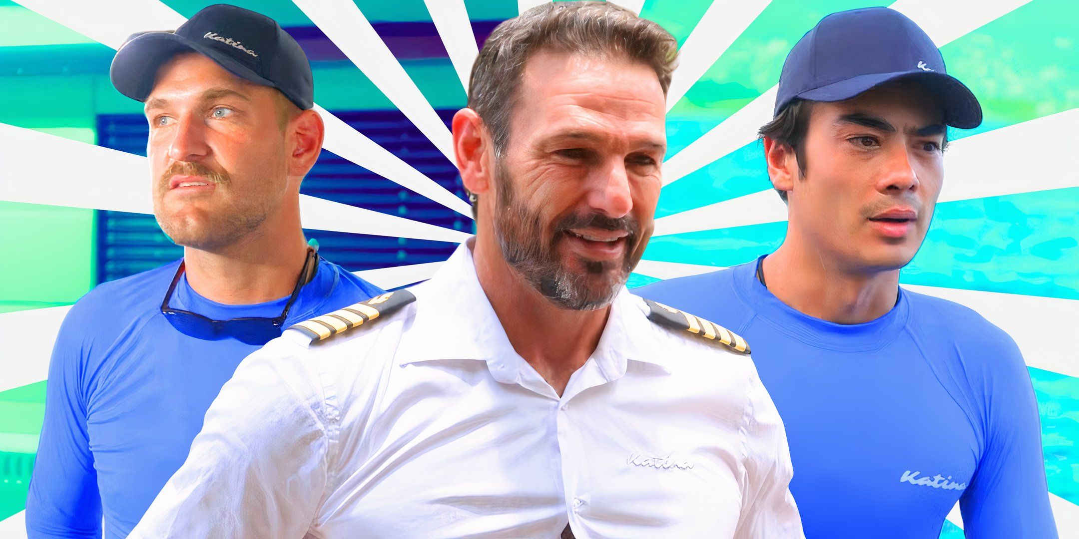 Below Deck Down Under star Captain Jason Chambers smiling with deckhands amid blue and white background