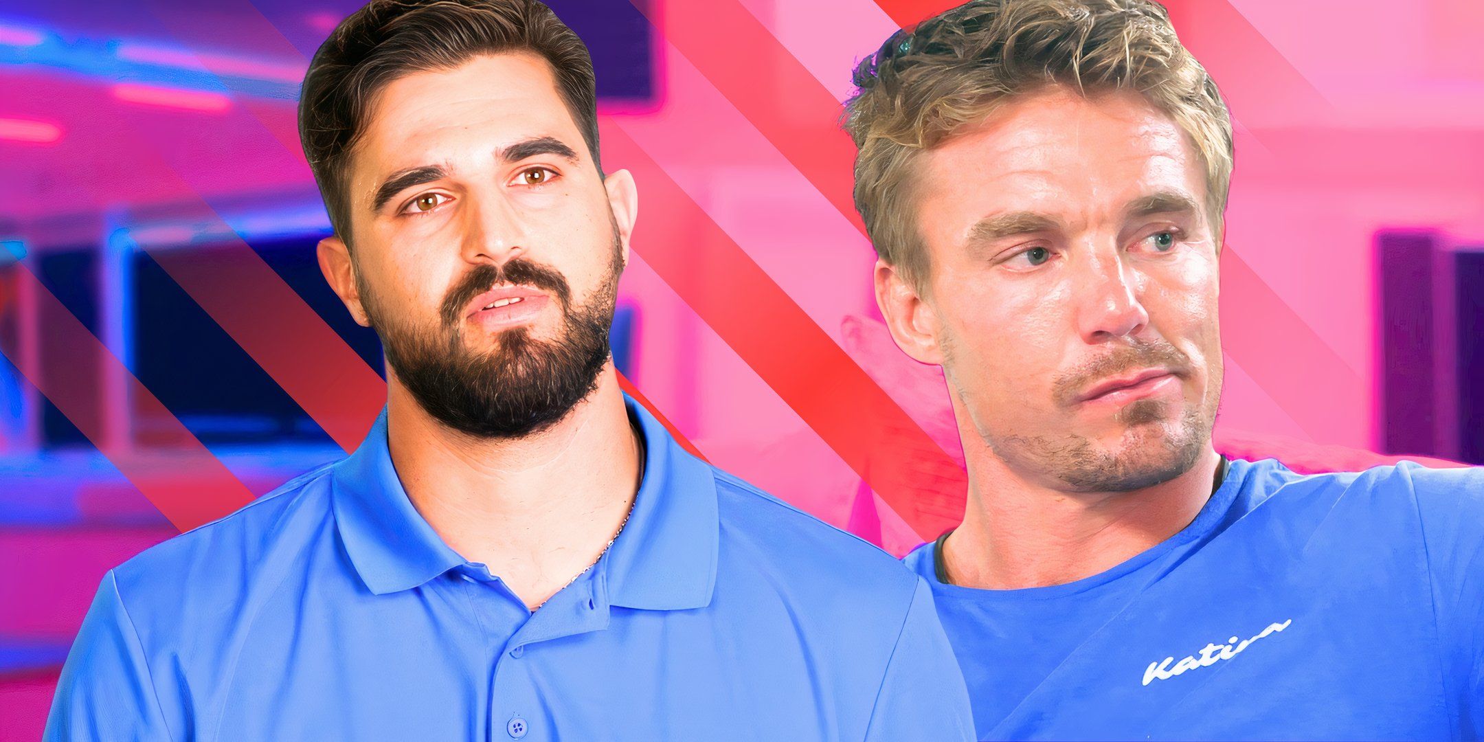 Below Deck Down Under star Johnny Arvanitis and Wihan Du Toit looking somber in montage with striped background