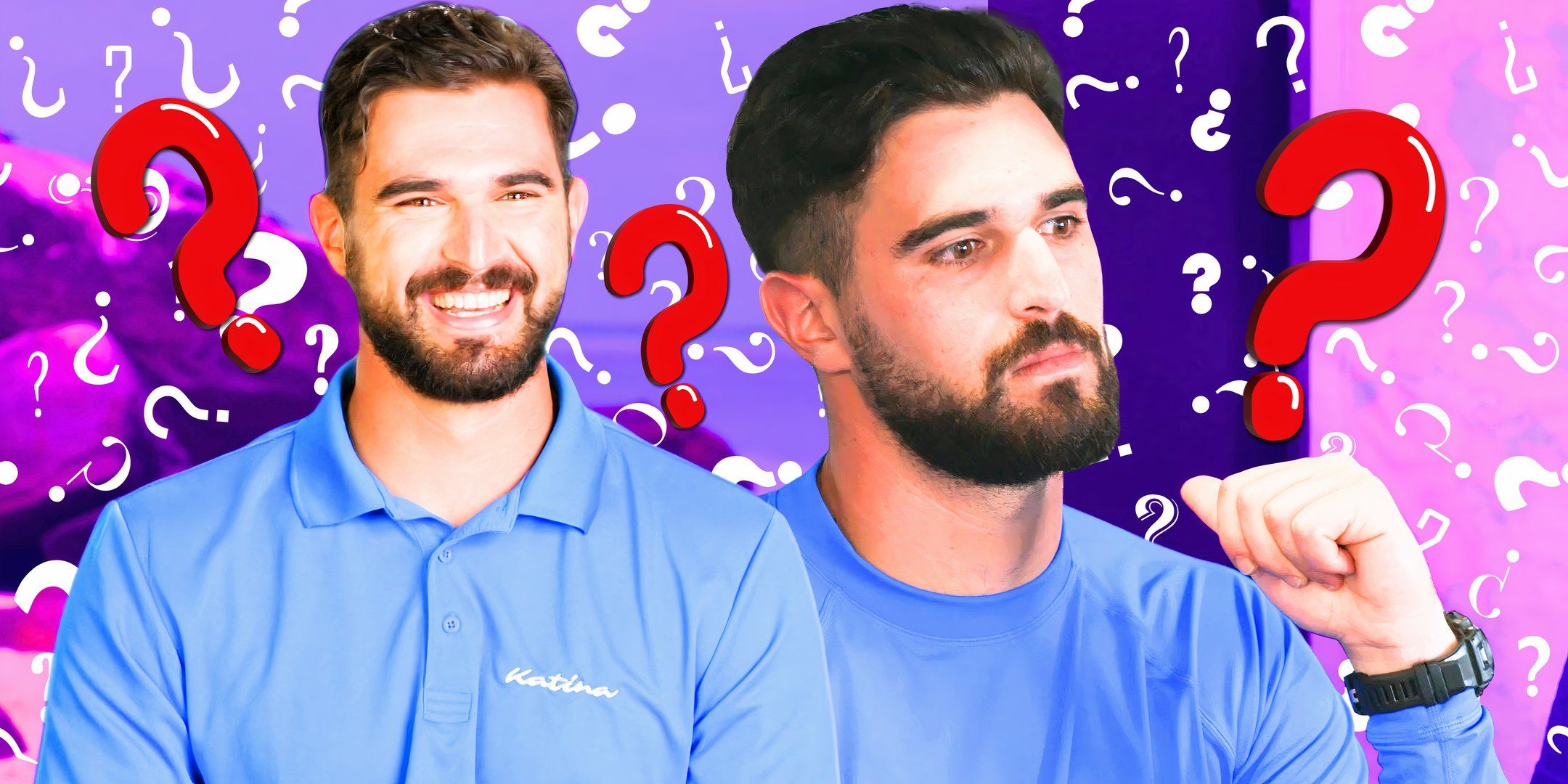 below deck down under star Johnny Arvanitis in two poses with blue shirts and question mark background