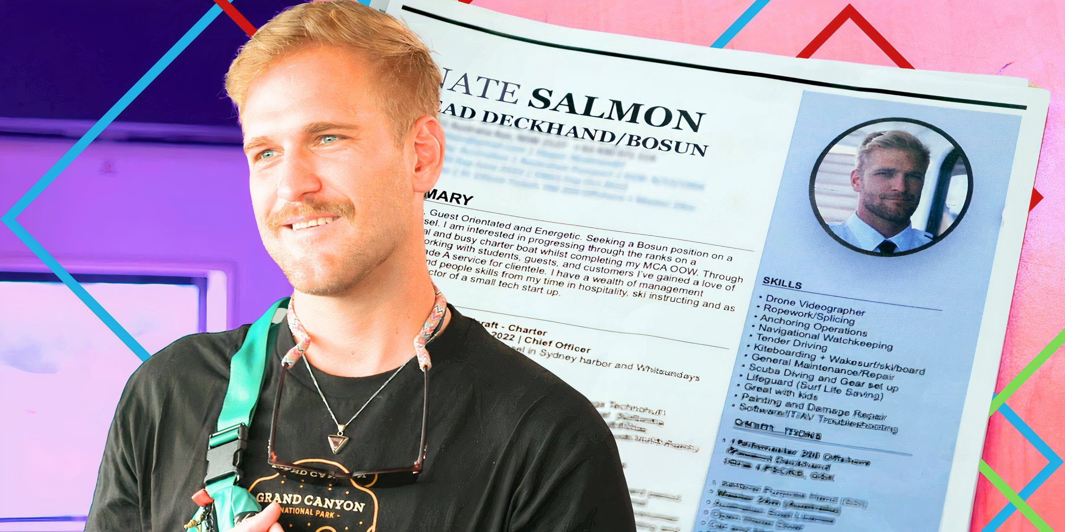 Below Deck Down Under star Nate Salmon smilng in montage with resume in background