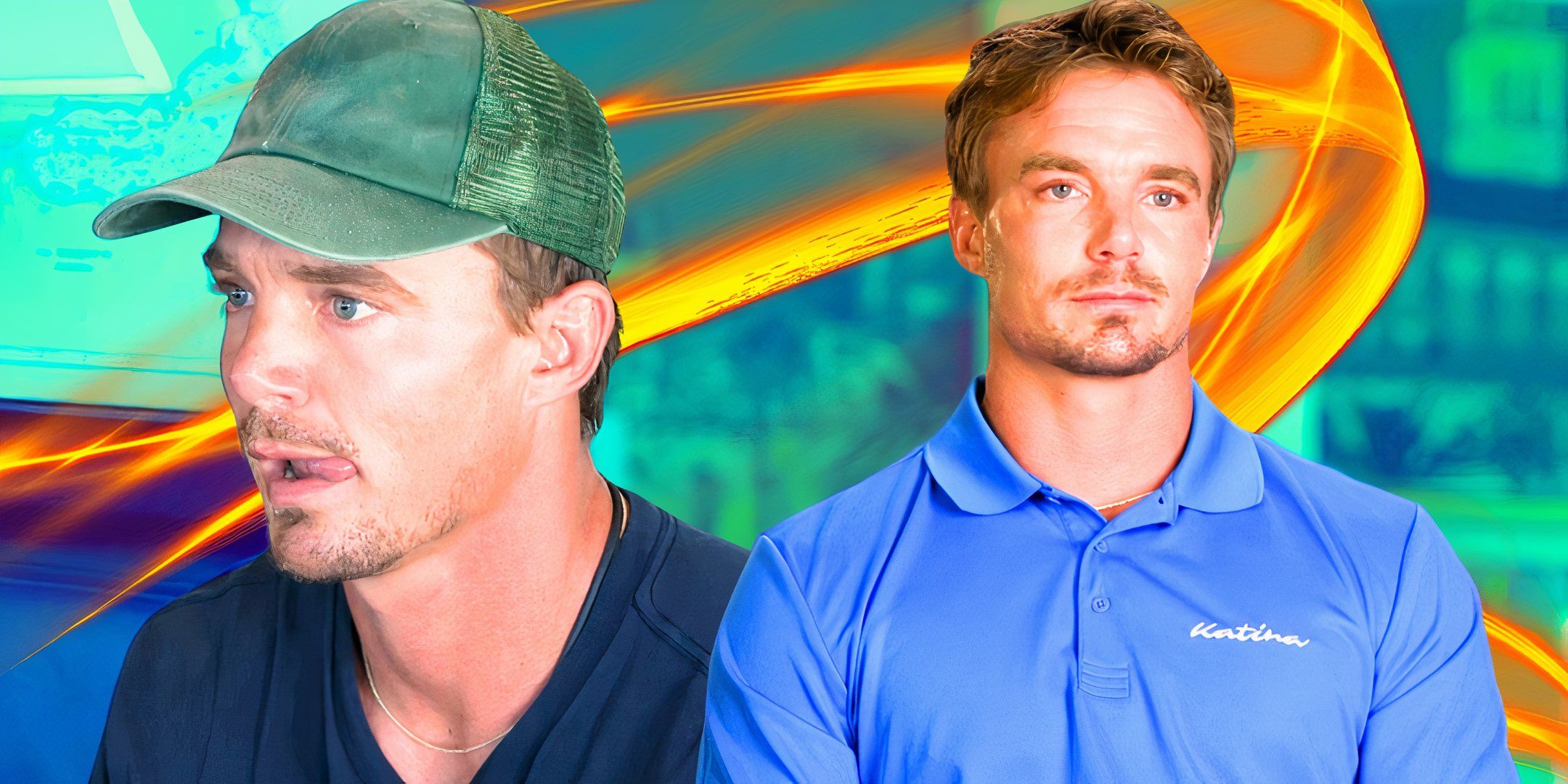 below deck down under star wihan de toit in a montage with two somber poses with orange and green background