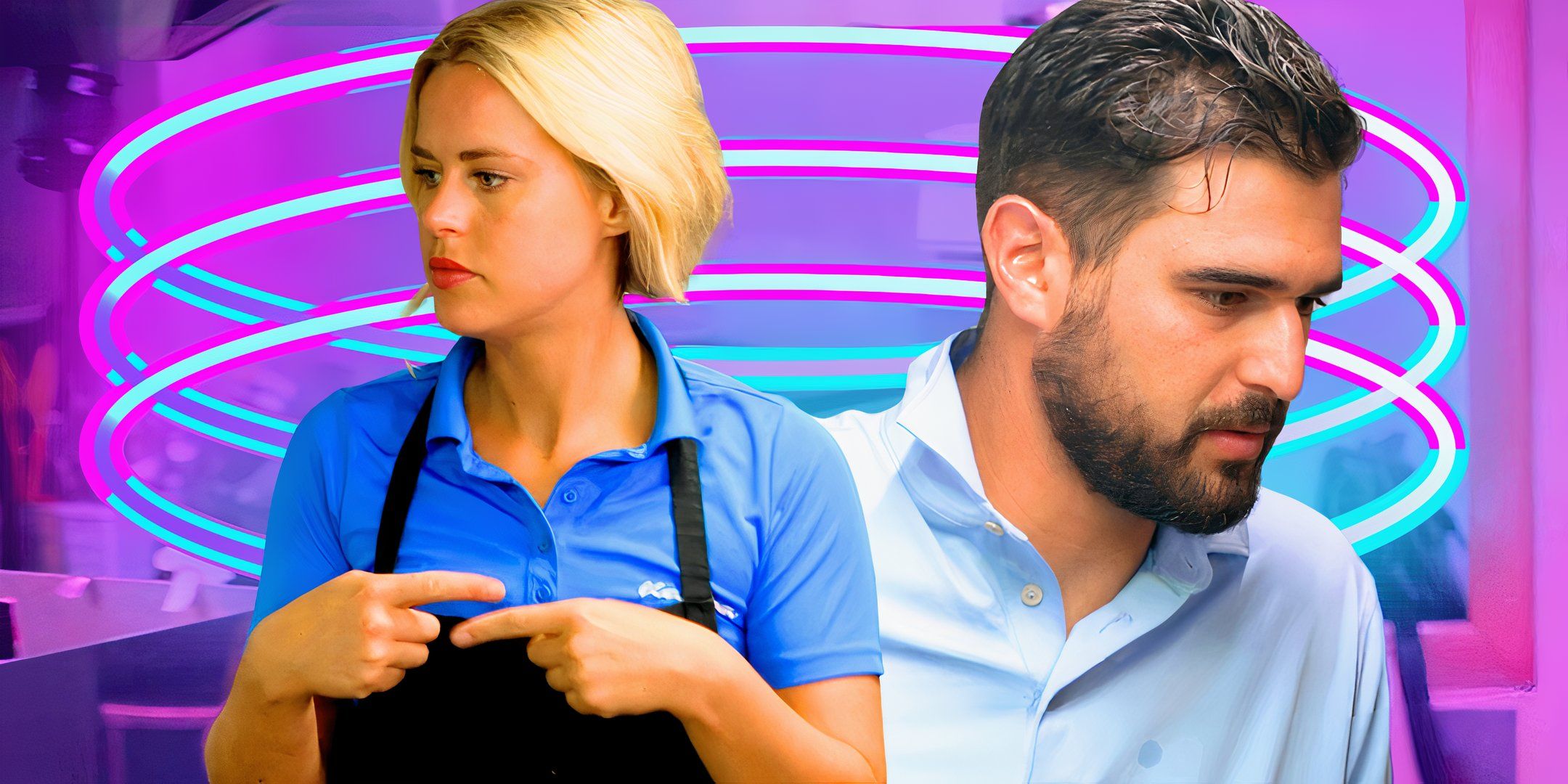 Below Deck Down Under stars Alesia Harris and Johnny Arvanitis looking serious with pink and blue oval background