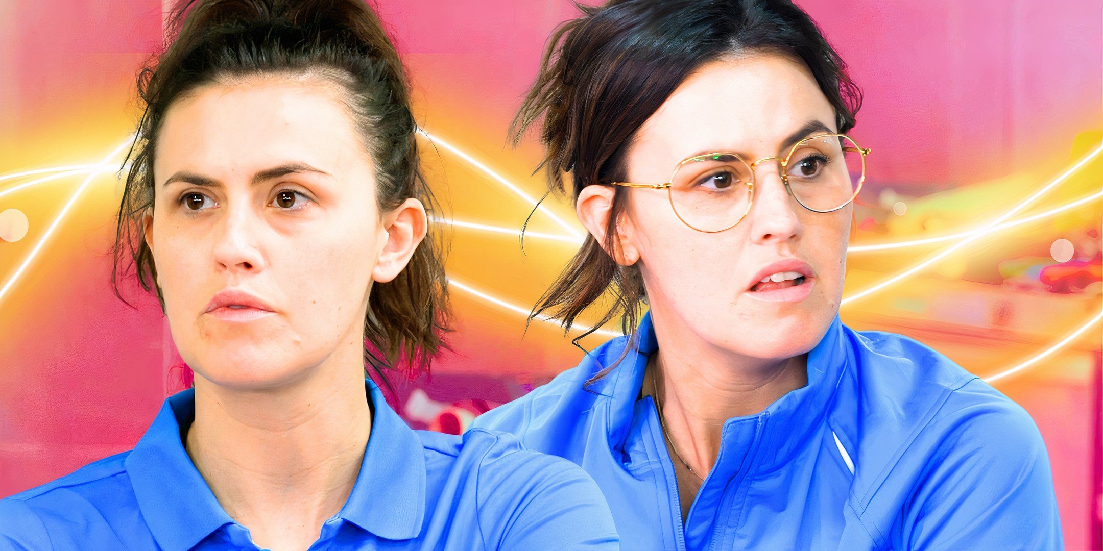 below deck down under tzarina mace ralph in two close ups with her looking serious and pink and yellow background