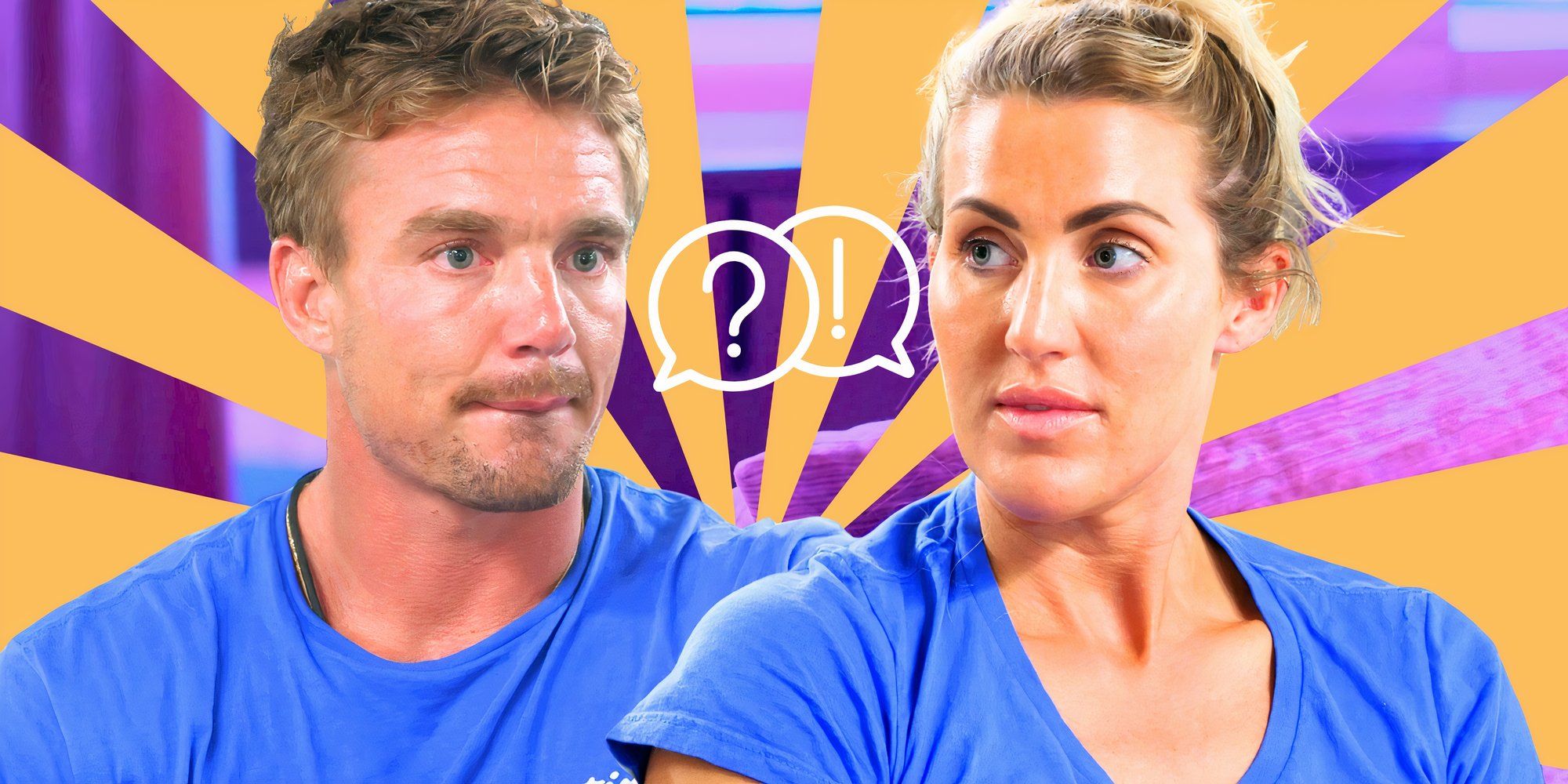 below deck down under wihan de toit and lara rigby in montage with blue shirts with purple and yellow background