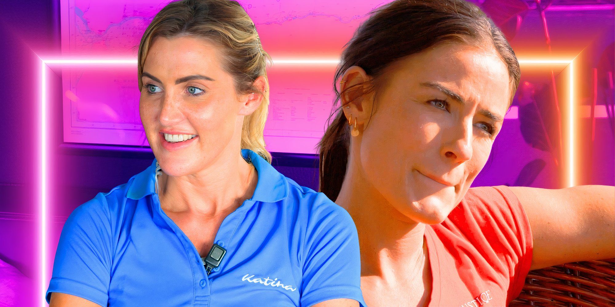 Below Deck Down Under Lara Scott and Aesha Scott side by side with neon background