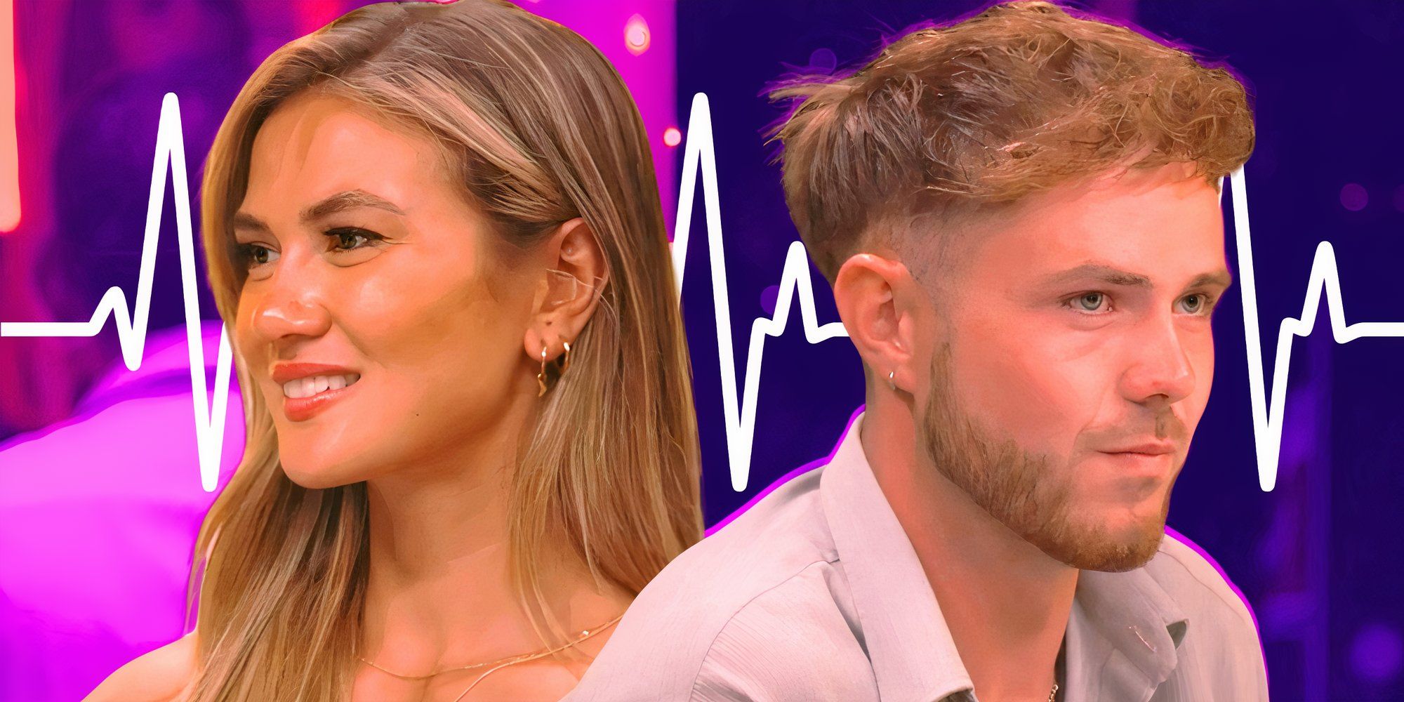 Below Deck Mediterranean Season 9 star Gael Cameron and Nathan Gallagher facing away from each other with heart monitor graphic