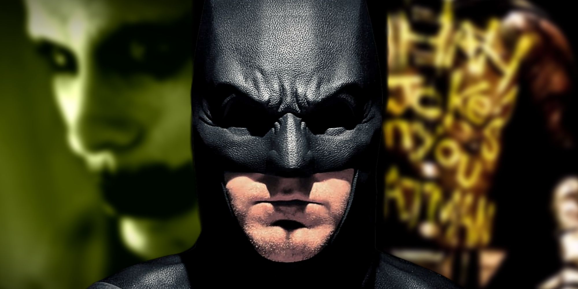 Ben Affleck's Batman stands in front of Jared Leto's Joker and Robin's damaged costume in Batman v Superman Dawn of Justice