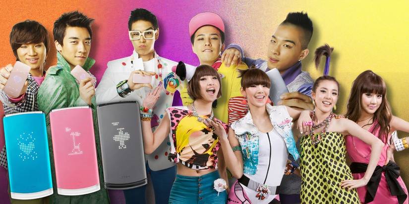 K-pop groups BigBang and 2NE1 alongside the Lg Cyon Lollipop phone model