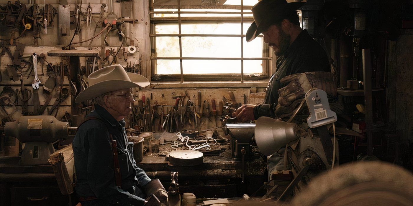 Billy Klapper talking to Rip Wheeler in his shop in Yellowstone series