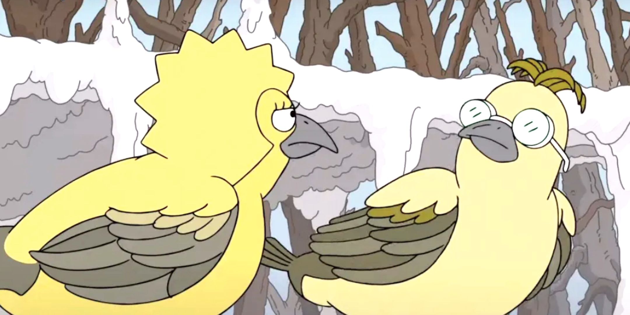 Bird versions of Lisa and Frink talk in The Simpsons season 36 Yellow Planet