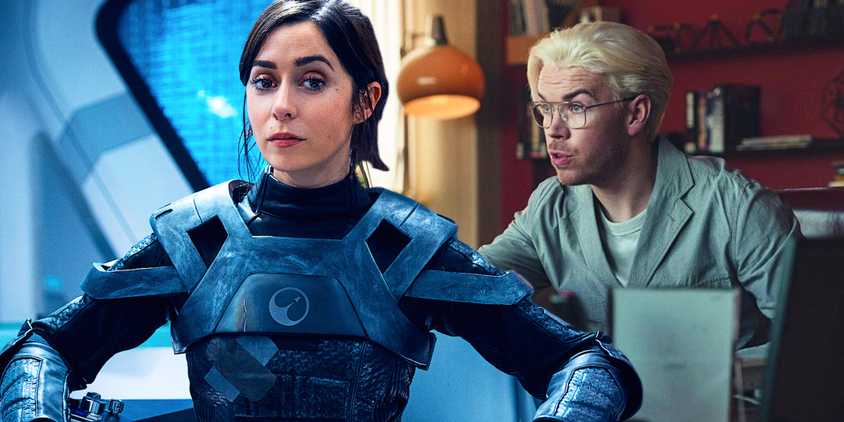 A composite image of Cristin Milioti sitting in the captain's chair in front of Will Poulter holding up a CD in Black Mirror.