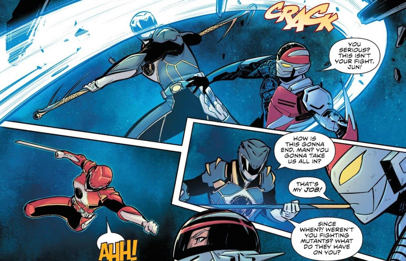 Black Ranger Jun swings his staff at one of the VR Troopers in Power Rangers Prime #5