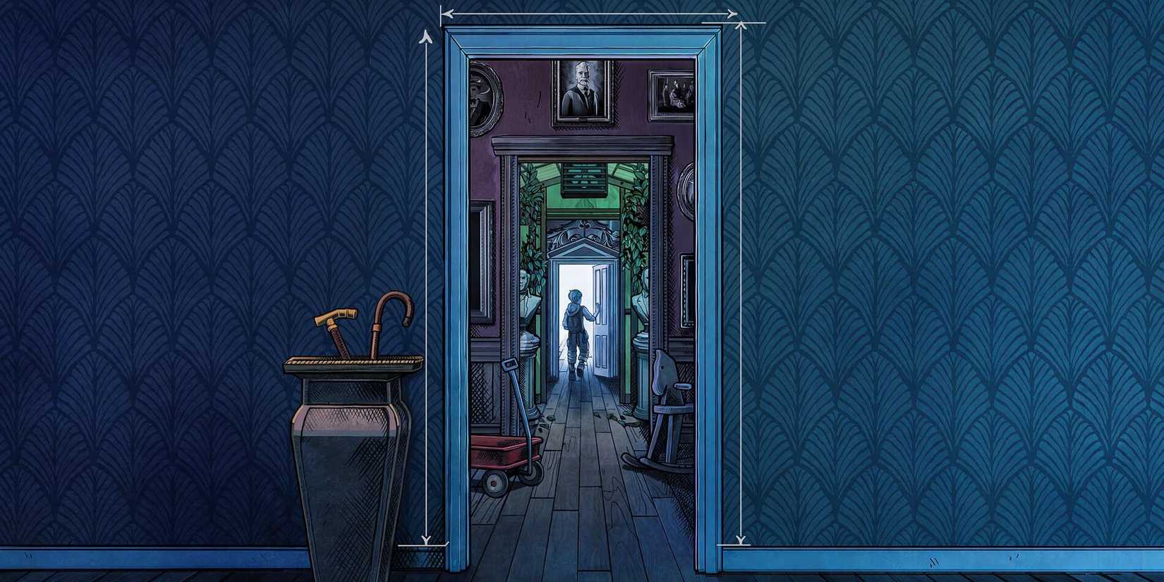 Key Art for Blue Prince, showing someone opening a door at the end of a long corridor.