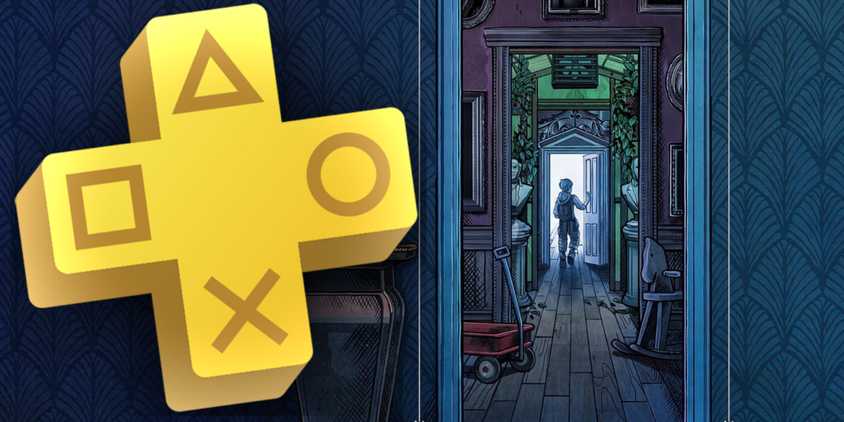 Key art for Blue Prince, depicting a person opening a door at the end of a long corridor, with the PlayStation Plus logo next to said corridor.