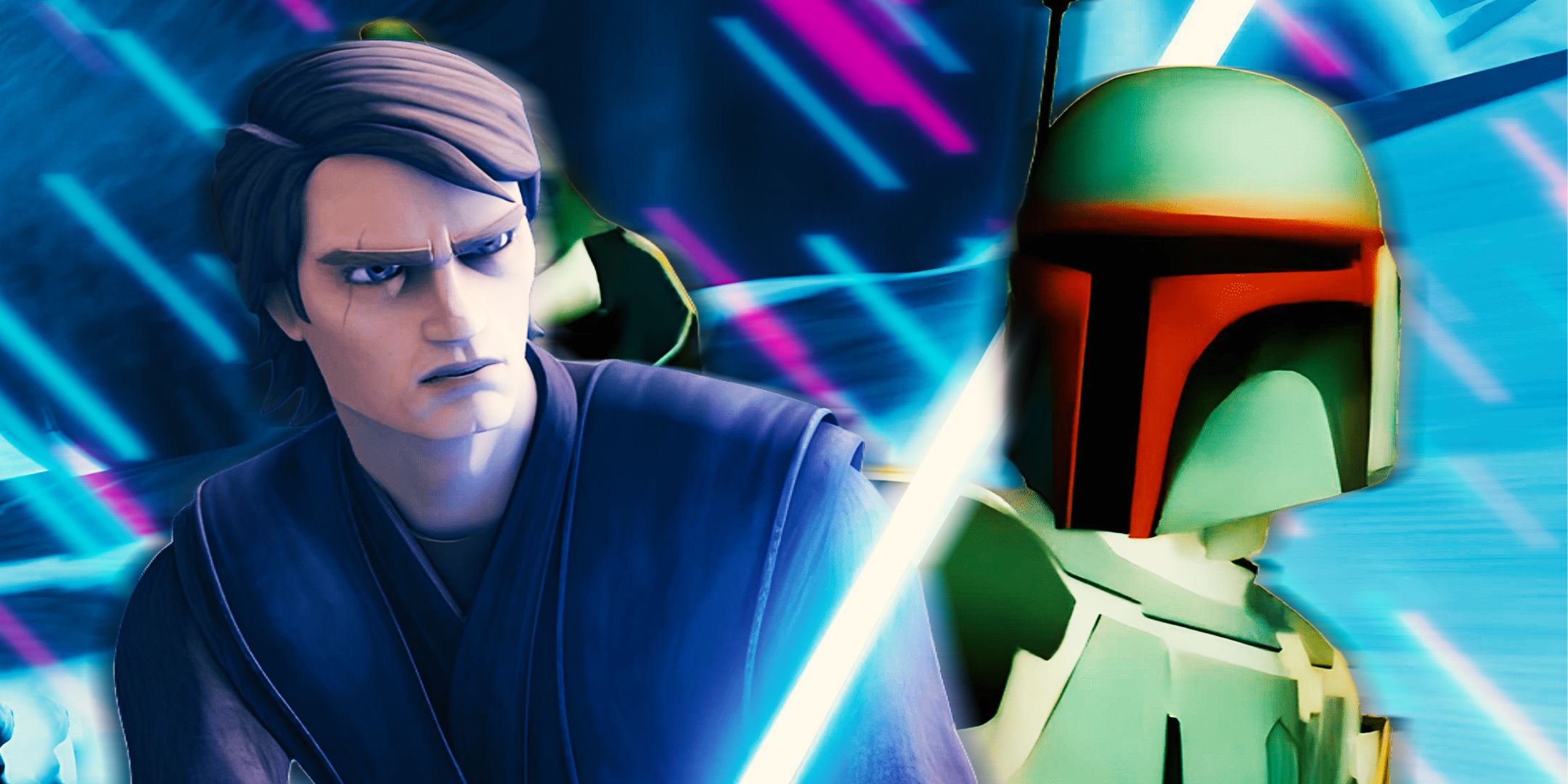 Anakin Skywalker in Star Wars: The Clone Wars and Boba Fett in an unfinished animatic.